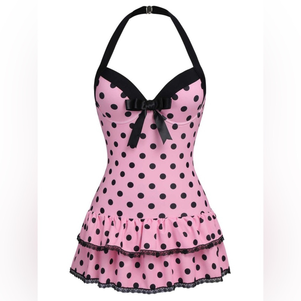 Retro Stage Pink 1940S Halter Polkadots One Piece Swimsuit XL